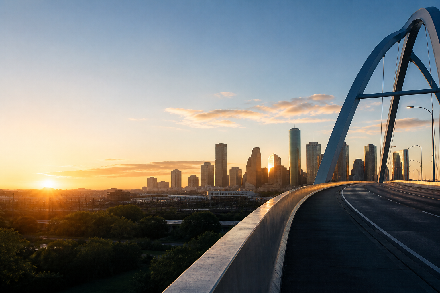 Houston skyline and modern bridge at sunrise